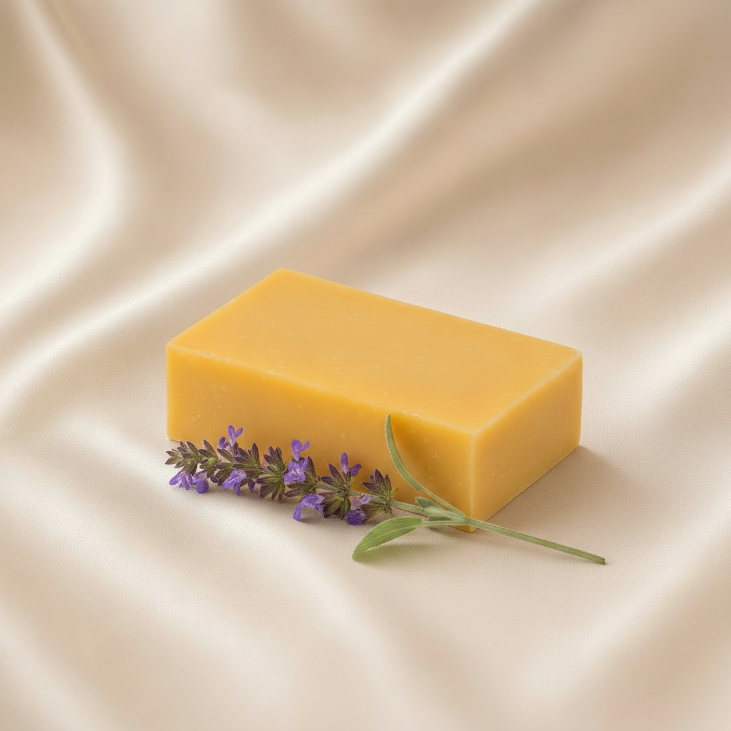 Mae Luna Lemongrass Tea yellow botanical soap bar on cream satin with purple flowers and green leaves.