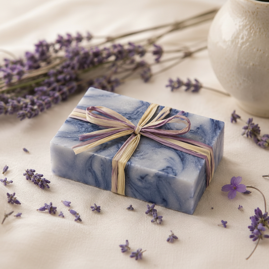Blue marbled Mae Luna Cypress Lavender soap tied with raffia and surrounded by lavender.