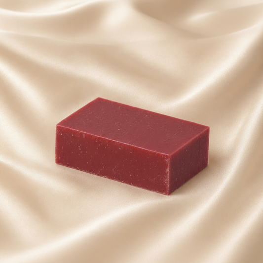 Mae Luna Blood Orange Bergamot deep red botanical soap bar on cream satin.