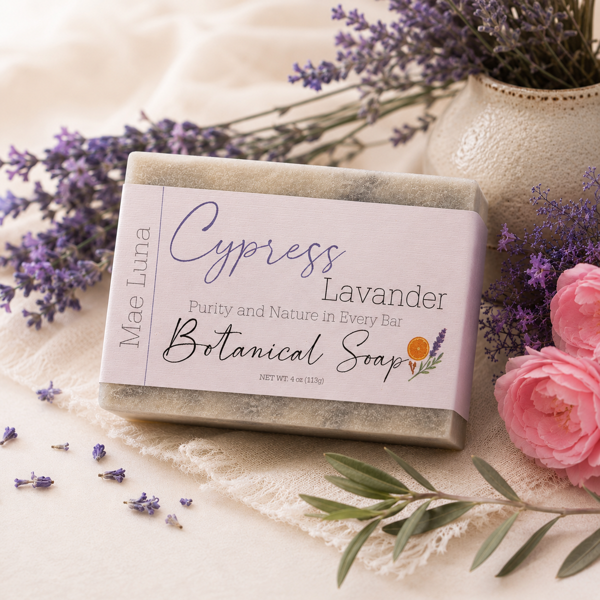 Wrapped Mae Luna Cypress Lavender soap displayed with lavender and soft pink flowers.