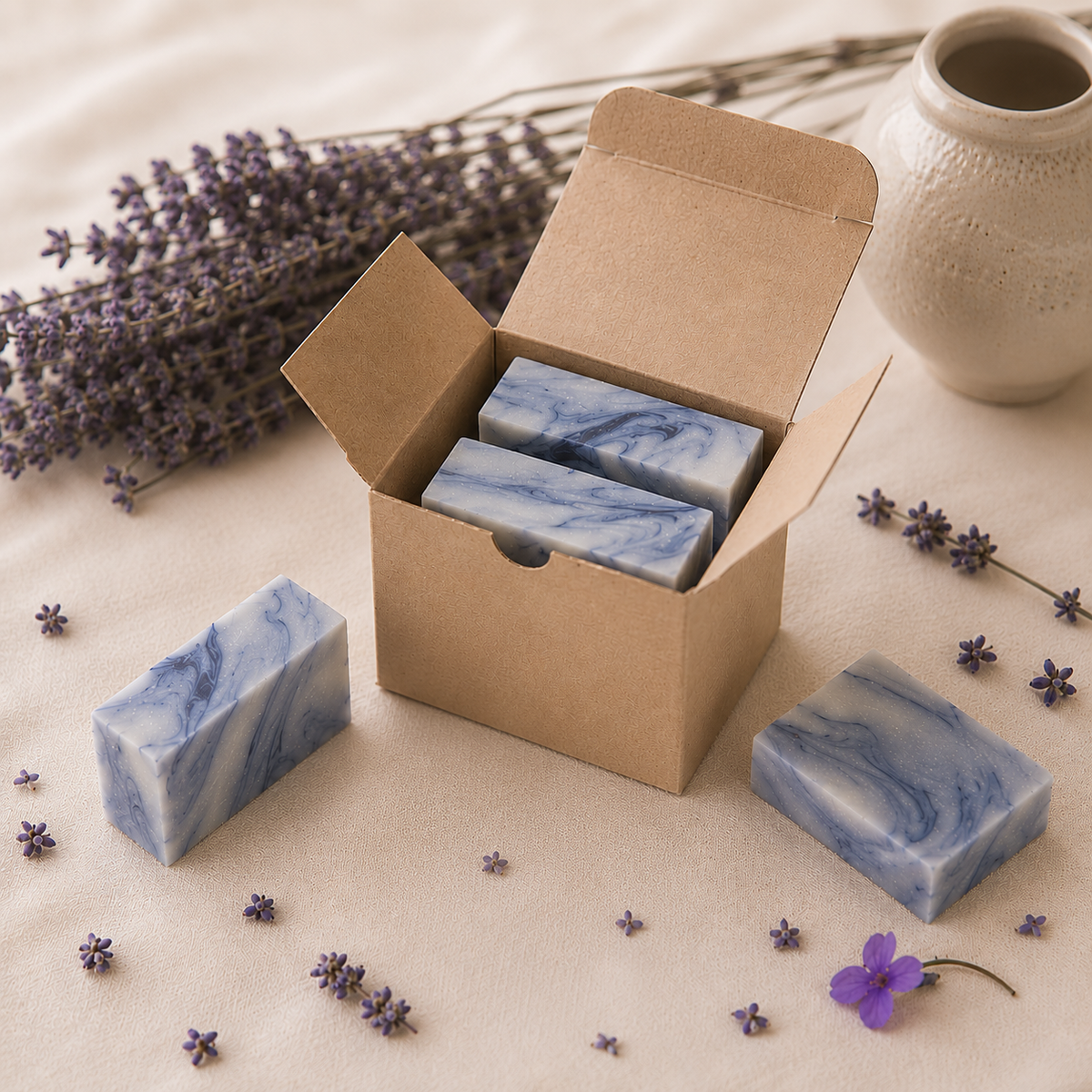 Open kraft box of blue marbled Mae Luna Cypress Lavender soaps surrounded by lavender.