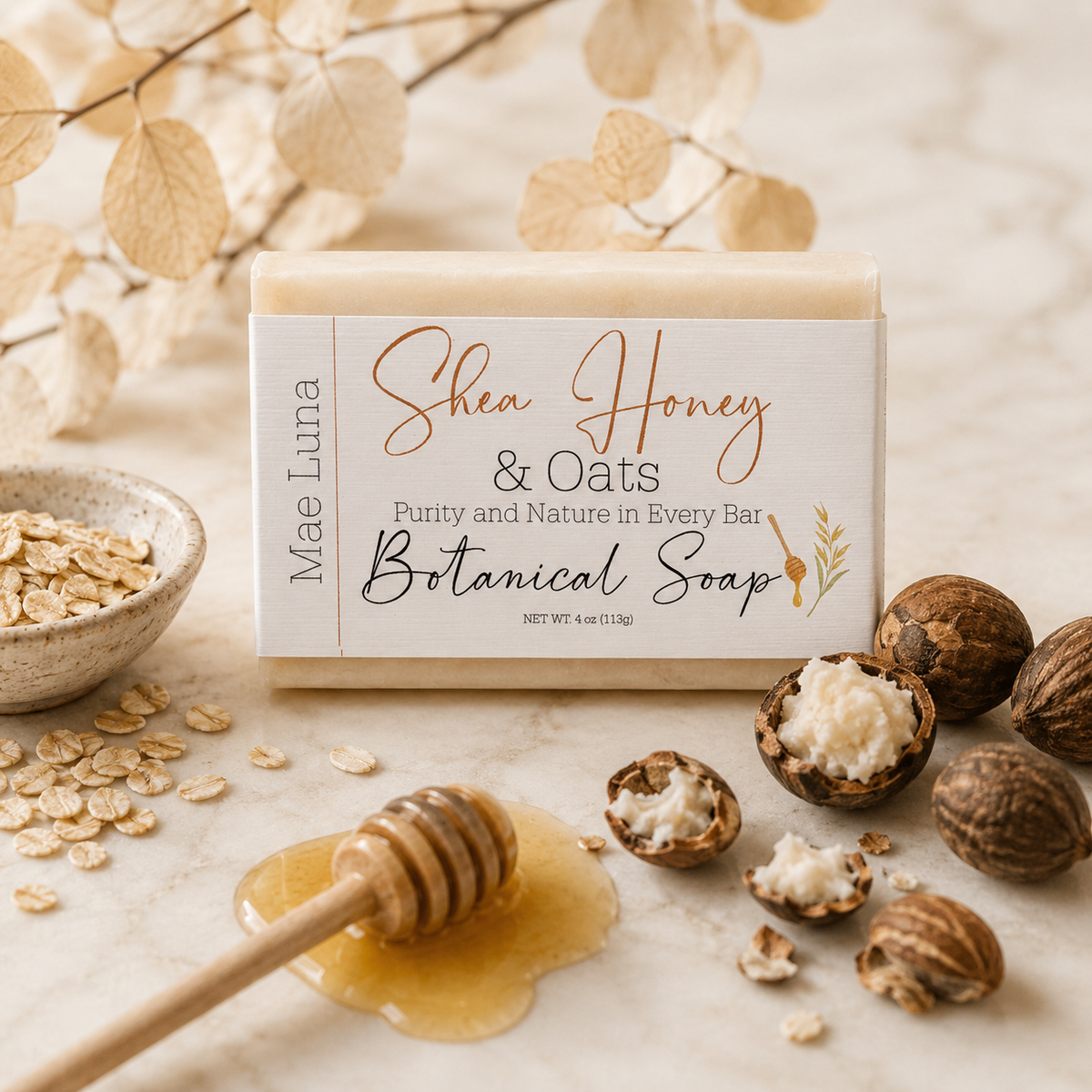 Mae Luna Shea Honey and Oats unscented bar soap product photo