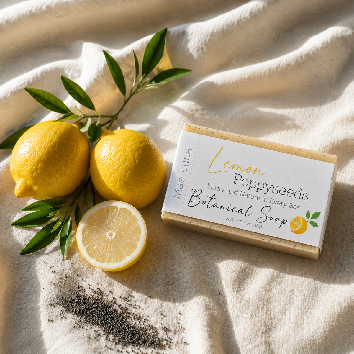 Mae Luna Lemon Poppy Seed exfoliating bar soap product photo