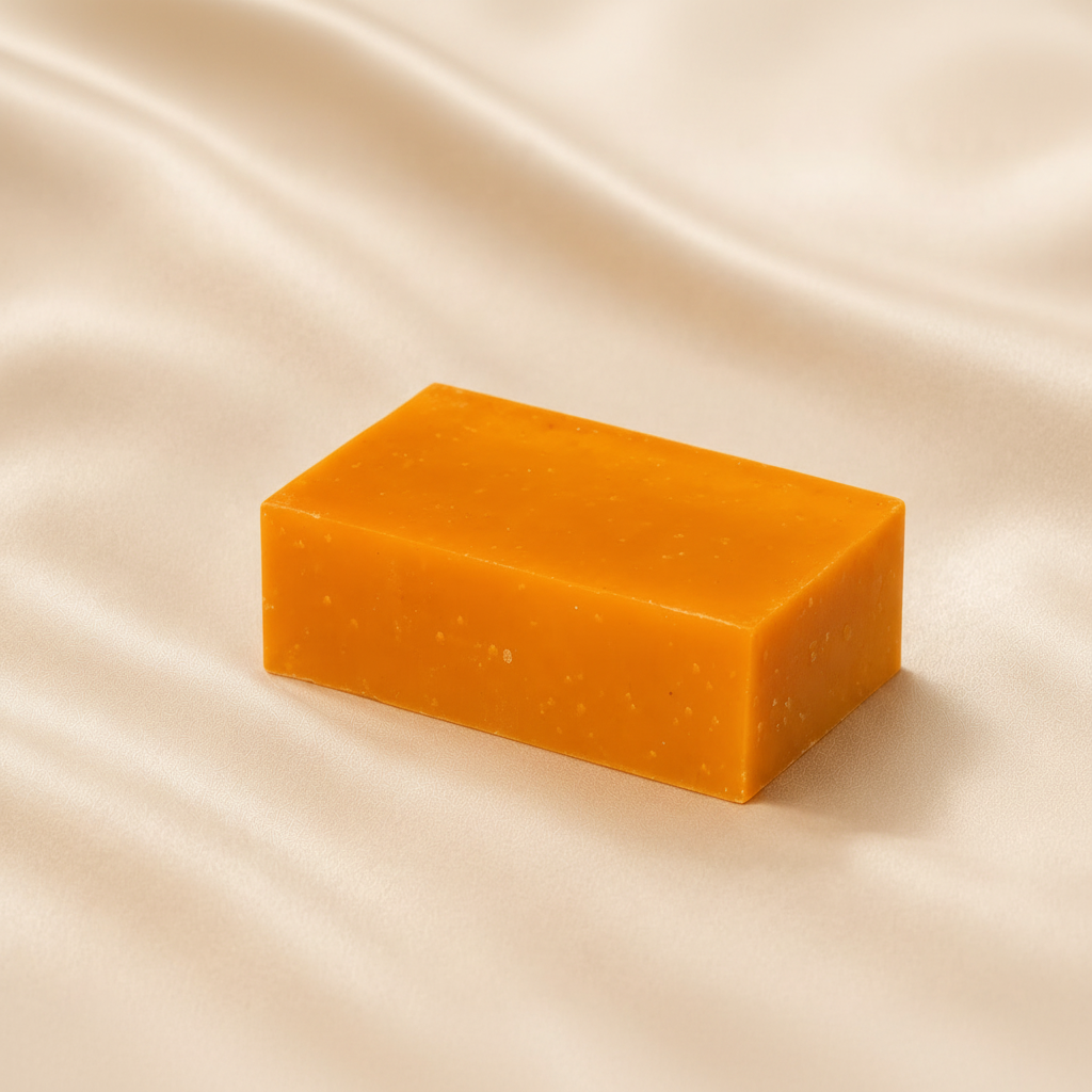 Mae Luna Citrus Lavender orange botanical soap bar on cream satin.