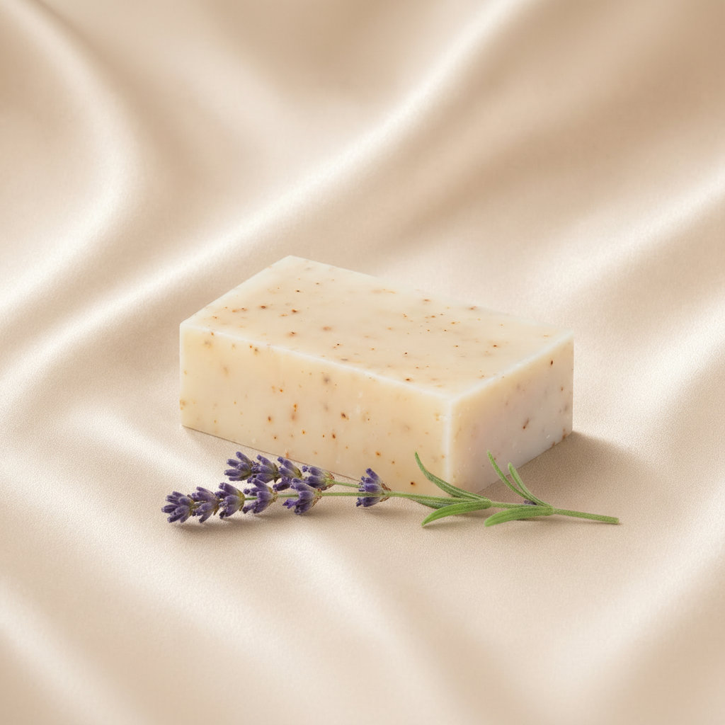 Mae Luna Forest Tonic pale speckled botanical soap bar on cream satin with herb sprigs.